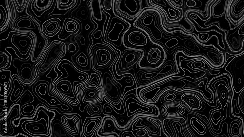 Bold, high-contrast topographic contour map with elevation lines in white over deep black.