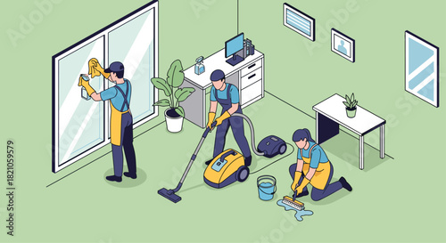Dependable cleaning crew providing pristine commercial office cleaning services and window washing for a spotless, healthy workspace environment