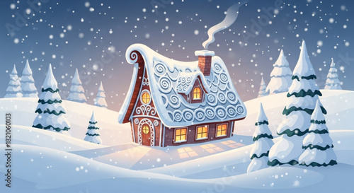 Cozy winter scene of snow-covered house nestled among snow-laden trees as gentle snowflakes fall creating a peaceful holiday ambiance, a winter wonderland