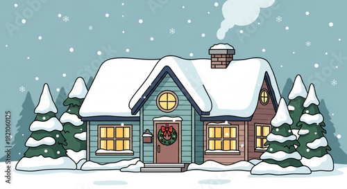 Charming winter home illustration, cozy snowy scene with decorated house and trees, perfect for holiday greetings and festive designs, originally scalable vector