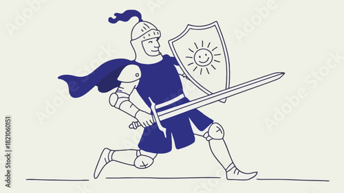 Whimsical knight in shining blue armor holding a sword and shield in a playful and charming illustration style perfect for fantasy or children s themes