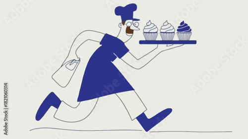 A cheerful cartoon baker in a blue uniform holding a delicious pastry ready to serve with a friendly smile perfect for bakery or food related designs