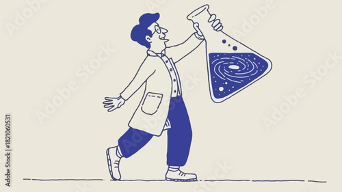 Enthusiastic scientist in a blue lab coat holding a beaker symbolizing discovery and innovation in a laboratory setting