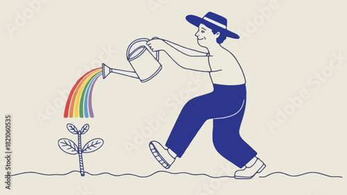 Charming cartoon gardener wearing a blue hat happily holding a gardening tool ready to tend to a vibrant garden perfect for spring and outdoor themes