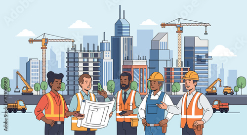 Construction team collaborating on blueprint with vibrant city skyline backdrop for modern infrastructure projects and real estate development plans