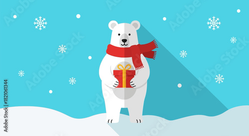 Festive polar bear with gift in winter scene, vector illustration, Christmas season design,