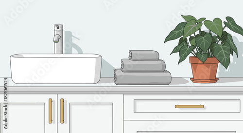 Modern bathroom design with stylish sink, soft gray towels, and vibrant potted plant creates a fresh, clean spa-like atmosphere at home