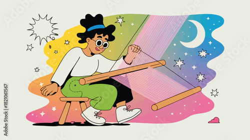 Creative banner design featuring a weaver at a loom with abstract colorful threads representing data or digital connections suitable for technology or business advertisements