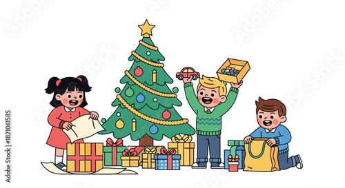 Children celebrate christmas morning unwrapping gifts near festive pine tree scene with joy