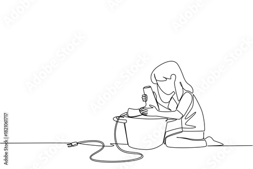 A girl kneels on floor blend in a bucket with a dangling cord in continuous line draw. National Kitchen Klutzes of America Day with a safety concept, stressing electricity, water, caution, and cleanup
