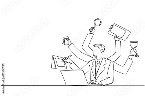 Continuous line draw of a businessman sitting at a laptop with multiple arms holding different tools, magnifying glass, tablet, calendar, coffee, hourglass.  Show multitasking and extreme efficiency