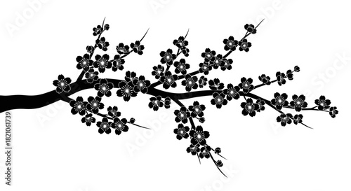An elegant black silhouette of a flowering cherry branch stretches horizontally across the frame, adorned with intricate five-petaled blossoms and delicate buds set against a stark white background