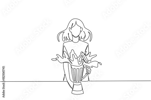 Single line drawing of a woman standing and looking surprised as liquid erupts from a overflowing blender she is holding, symbolizing a messy kitchen mishap. National Kitchen Klutzes of America Day.