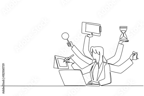A woman at laptop with many arms in single line drawing. National Productive Business Civility Day of business concept, modeling kindness, prioritization, time awareness, and effective collaboration