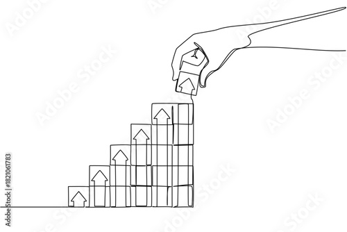 Single line drawing of a hand stacking blocks with rising upward arrow onto a staircase, a business concept of National Productive Business Civility Day event. Show teamwork, trust, efficiency, target