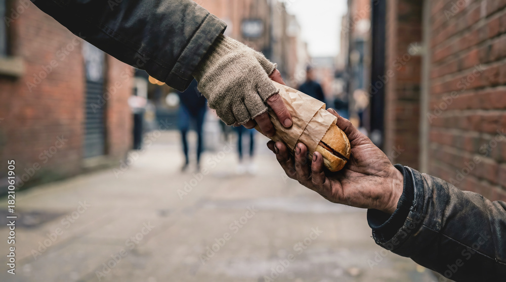 Fototapeta premium Volunteer handing fresh sandwich to homeless man hands street food charity donation hunger poverty humanitarian aid support kindness community lunch meal sharing social work relief 