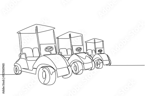 One line drawing of a row of three golf carts, receding into the distance, symbolizing multiple player golfers, a fleet of carts, or a busy golf course. National Golf Cart Day event
