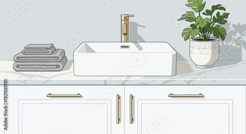 Modern bathroom vanity with white sink, gold faucet, and monstera plant creates a serene and stylish interior design for home improvement projects
