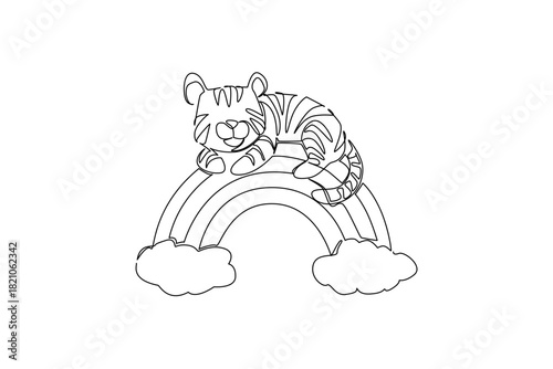 A tiger cub snoozes on a rainbow and cloud in continuous line drawing, tailored for kids theme with animal concept, capturing playful stripes, imagination, and cheerful nursery decoration.