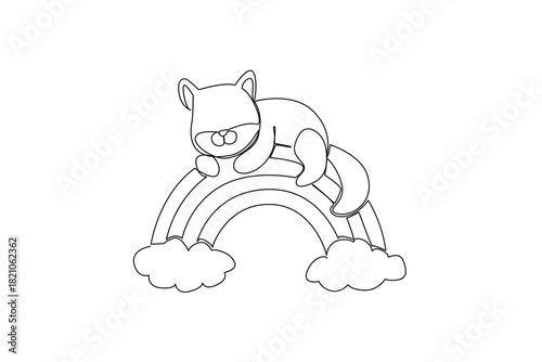 A sleepy cat hugs a rainbow with clouds in single line drawing, perfect for kids theme with a nature concept, mixing cozy pet vibes, imagination, and sweet nursery decor.