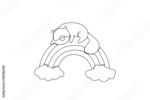 Description Continuous line drawing of an animal, a cute beaver sleeping peacefully on a rainbow, supported by clouds, a nature concept related to an international event rainbow hug.