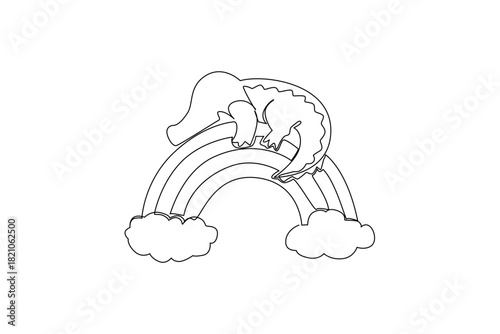 A sleepy alligator cuddles a rainbow in single line drawing, perfect for kids theme with a nature concept, mixing cozy animal vibes, imagination, and whimsical nursery appeal