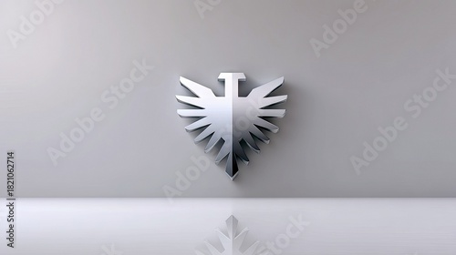 A metallic silver eagle emblem is mounted on a plain gray wall, casting a subtle shadow. The emblem is reflected on the glossy white floor below. The lighting i