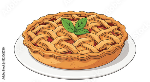 Delightful lattice-crust pie with fresh green leaves, perfect for baking promotions or seasonal dessert designs, a taste of home-baked goodness