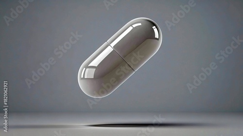 A single, metallic silver pill is suspended in mid-air against a neutral gray background. The lighting is soft and diffused, creating subtle reflections on the
