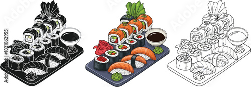 Set of three isometric sushi platters showing color, black and sketch, and outline drawing styles