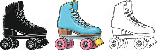 Set of three retro quad roller skate illustrations in black, blue, and outline style