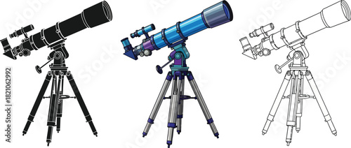 Set of three telescope illustrations in black and, color, and outline style