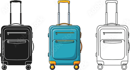 Set of three rolling travel suitcases in black silhouette, blue color, and outline drawing style