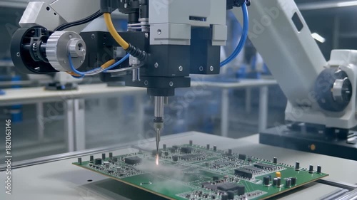 Automated Robotic Arm Soldering Circuit Board with Smoke and Sparks in a Clean Factory Environment