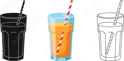 Set of three glasses with orange juice and straw in different styles solid silhouette, color illustration, and outline drawing