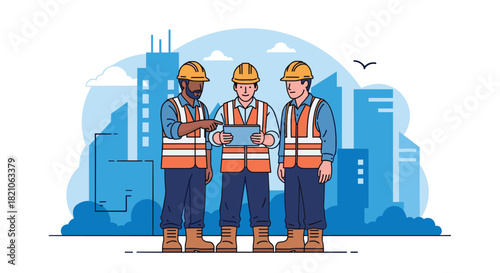 Reliable construction team reviewing blueprints on a tablet at the building site, showing collaboration and expertise for successful project delivery