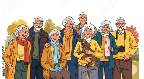 Cheerful senior friends enjoying autumn day with cute dog and camera, celebrating retirement together with joy and companionship outdoors