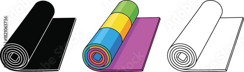 Set of three yoga or exercise mats in different styles solid black silhouette, colorful layered roll, and simple outline