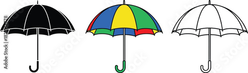 Three different style umbrellas displayed side by side solid black, colorful segmented, and outline drawing