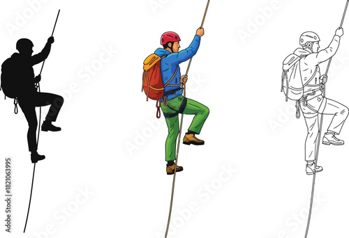 Set of three illustrations depicting a rock climber ascending a rope, including a silhouette, a colored vector graphic, and a line drawing