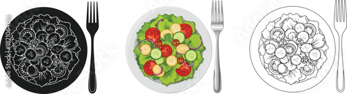 Set of three food illustrations plate with fork, including black and pizza, fresh salad, and sketch of pasta