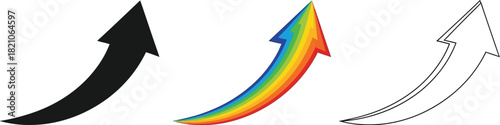 Set of three curved upward trending arrows in black silhouette, rainbow color fill, and outline style