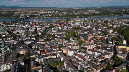 Aerial panoramic view around the old town of the city Mainz in Germany on a sunny spring noon