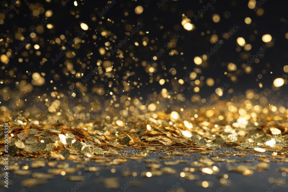 Naklejka premium Golden glittering particles on a dark background create a magical, luxurious atmosphere; perfect for festive, enchanting themes in event planning or celebration photography