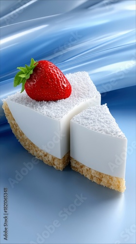 A close-up shot of a slice of white cake topped with a fresh strawberry and a dusting of white powder, set against a blue, abstract background.
