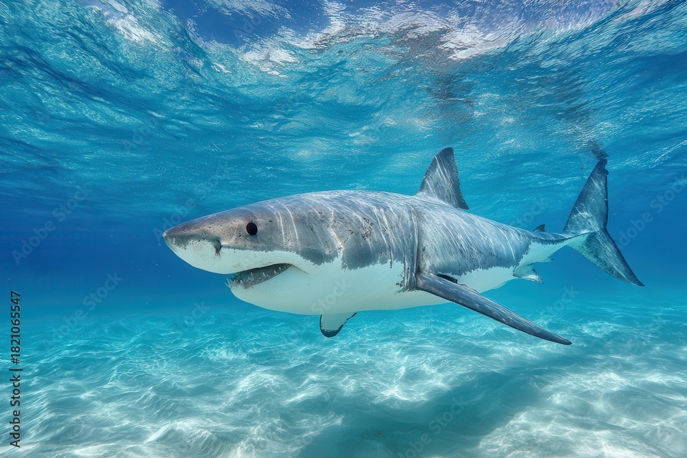 Fototapeta premium Majestic shark gliding through crystal clear waters, showcasing sleek grey-white coloration and serene grace amidst vibrant blue surroundings and sunlit sandy ocean floor