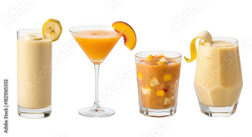 Four different banana and fruit smoothie drinks isolated on transparent background