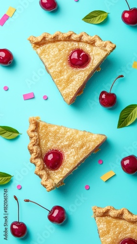 Two slices of cherry pie with a bright red cherry on top, surrounded by fresh cherries, green leaves, and colorful confetti on a vibrant blue background. Overhe