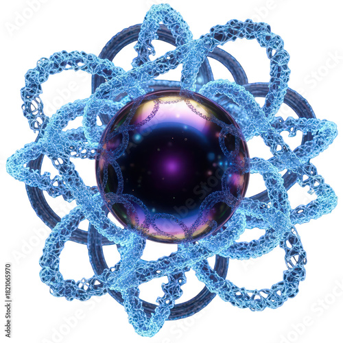 Abstract glowing sphere with intricate blue fractal structures, symbolizing quantum energy, technology, and digital connection, isolated on transparent background