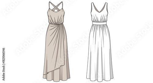 Elegant long dresses perfect for summer weddings and garden parties, available in neutral and white, a stylish choice for any occasion